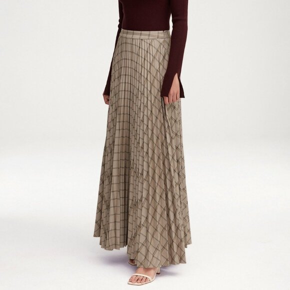 Veiled Pleated Plaid A Line Maxi Skirt (Grey) - Picture 3 of 4
